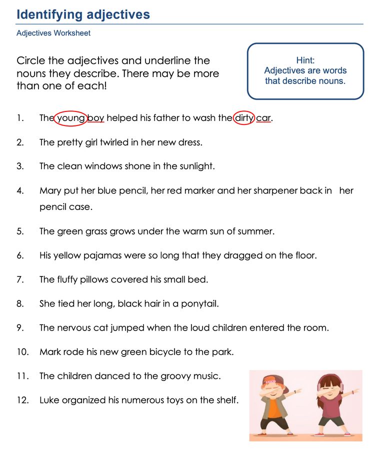 Adjectives worksheet example