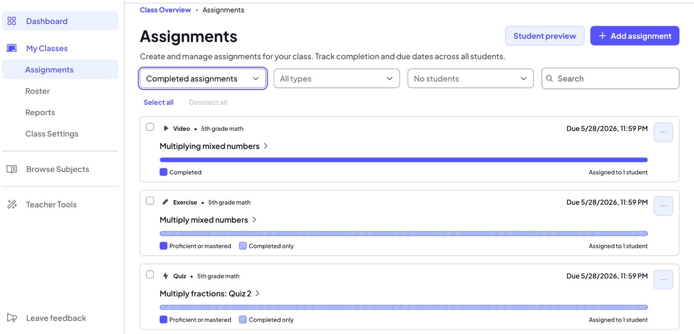 Digital assignments dashboard