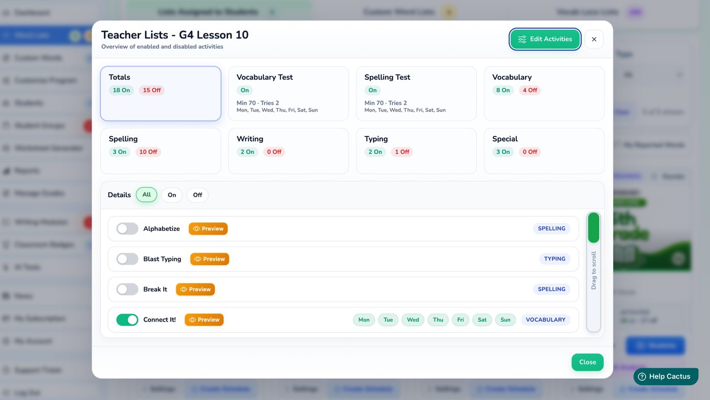 Teacher activity settings dashboard