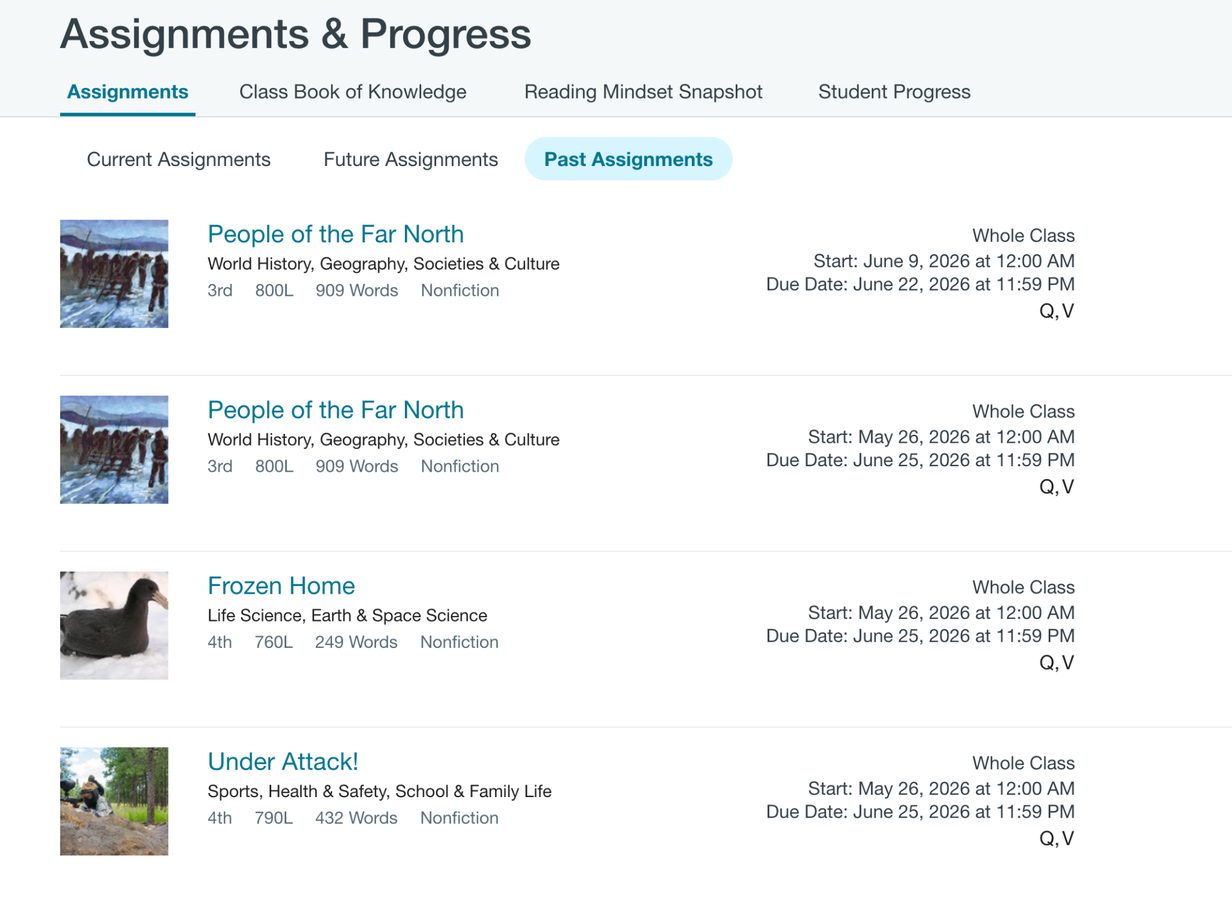Reading assignment list and progress view