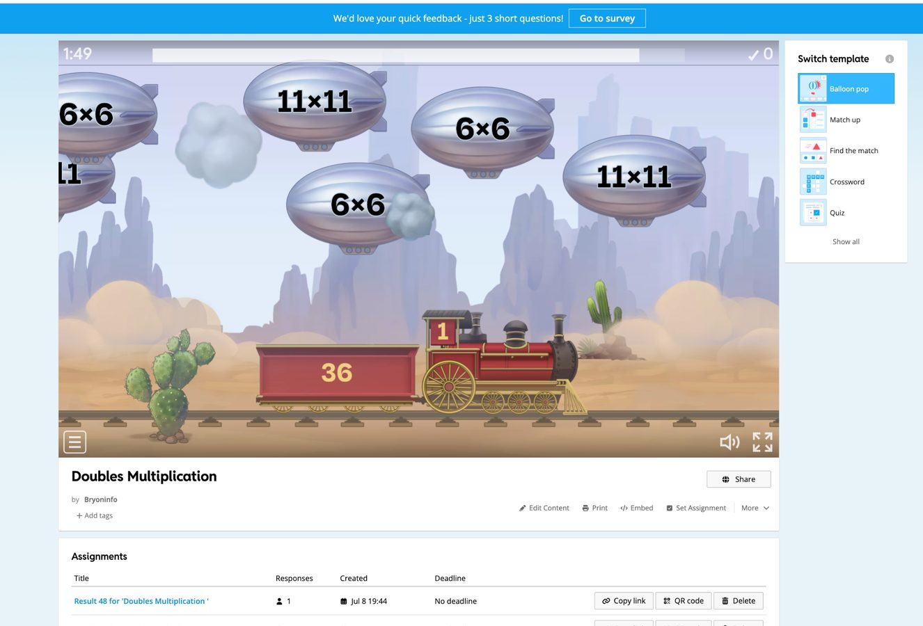 Interactive multiplication game activity