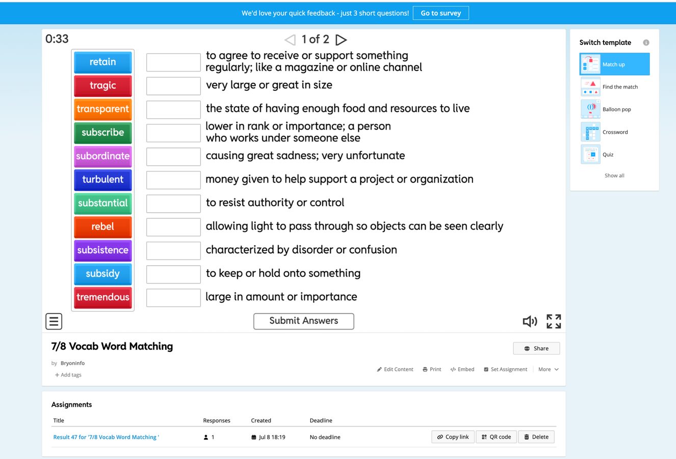 Interactive vocabulary matching activity